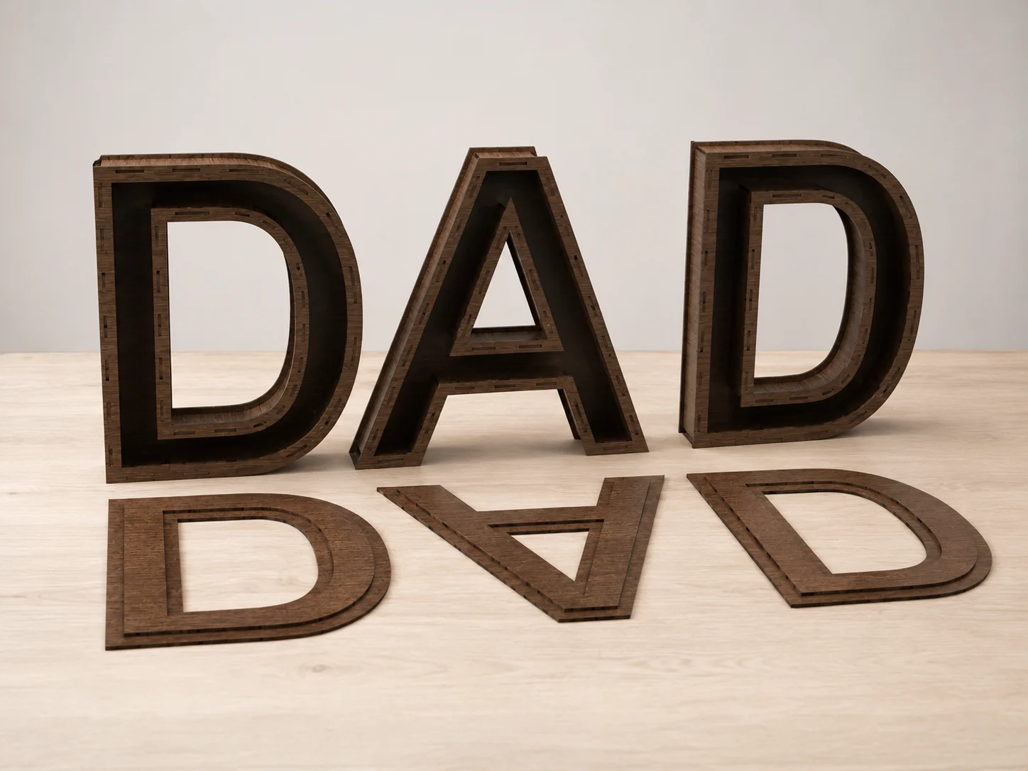 Empty DAD wooden letter box with removable front panels, neutral setup showing product structure and file design