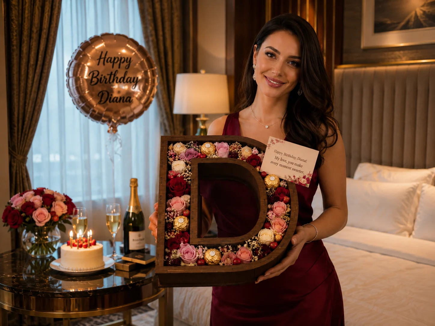 Elegant birthday gift photo of a woman holding a floral chocolate D letter box in a luxury hotel room