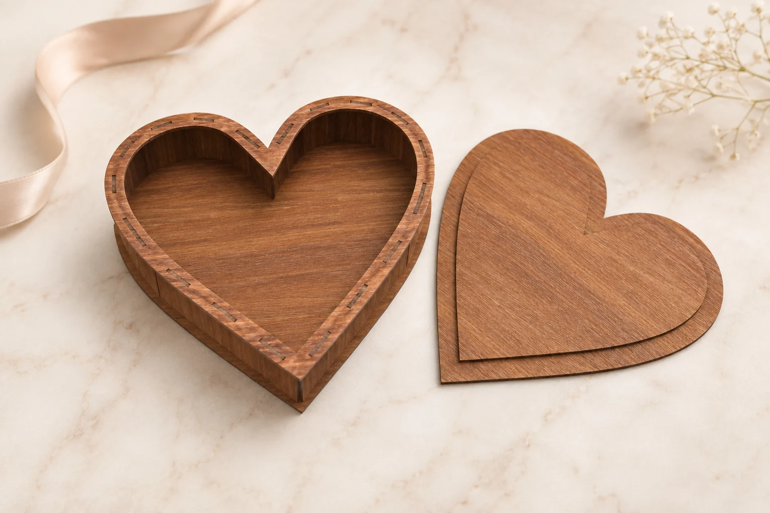 Elegant wooden heart box laser cut design with matching lid, shown empty on a soft marble background for SVG DXF CDR digital download
