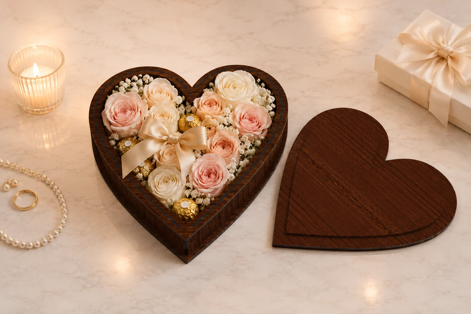 Dark walnut Elegant Heart Box styled as a luxury wedding or anniversary gift box with cream roses, blush roses, gold chocolates, satin bow, pearls, candle, and matching heart lid