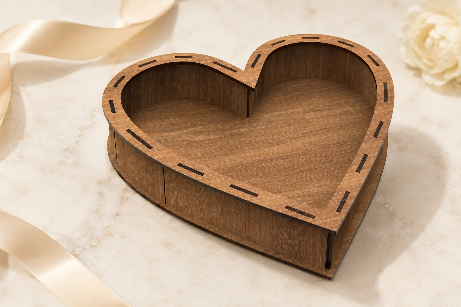 Close-up of Elegant Heart Box laser cut file showing warm walnut wood grain, curved side panels, laser-cut slots, clean edges, and 5 cm box depth