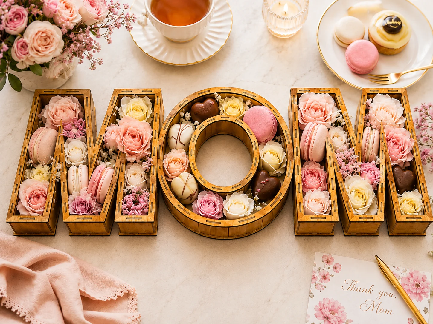 MOM laser cut wooden box filled with pink flowers, macarons, chocolates, and sweets on a bright tea table for Mother’s Day gift display