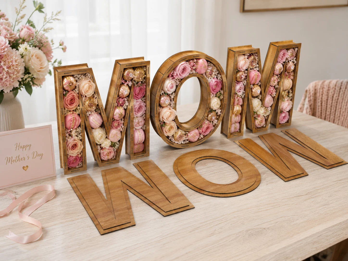 MOM wooden flower box with removable lids, filled with pink roses, gold chocolates, and Mother’s Day card on a styled gift table