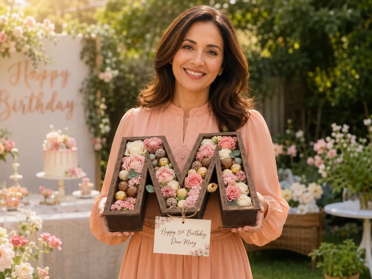 Letter M wooden box held by a woman at a garden birthday party, filled with flowers and chocolates for a custom birthday gift display