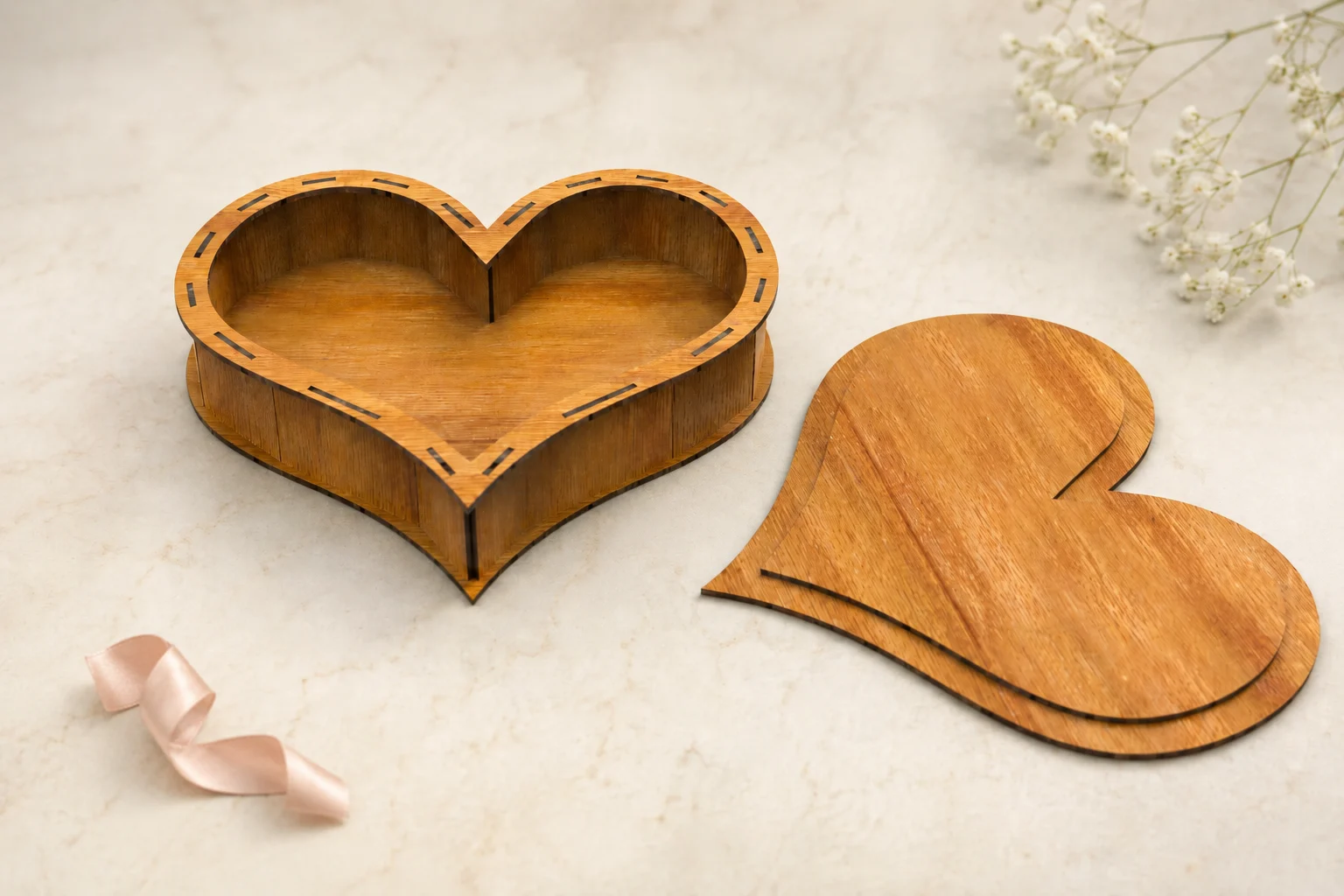 Open Sweetheart Box wooden heart shaped laser cut box with lid beside it and delicate decorative accents on a soft background