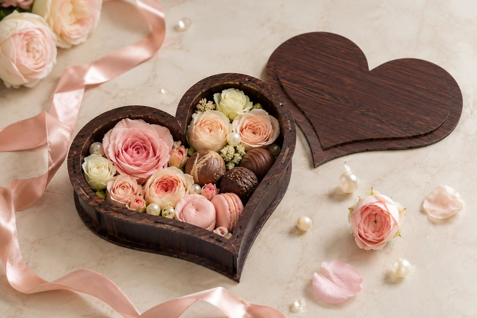 Dark wood Sweetheart Box laser cut design styled as a luxury Valentine gift box with flowers and romantic decor
