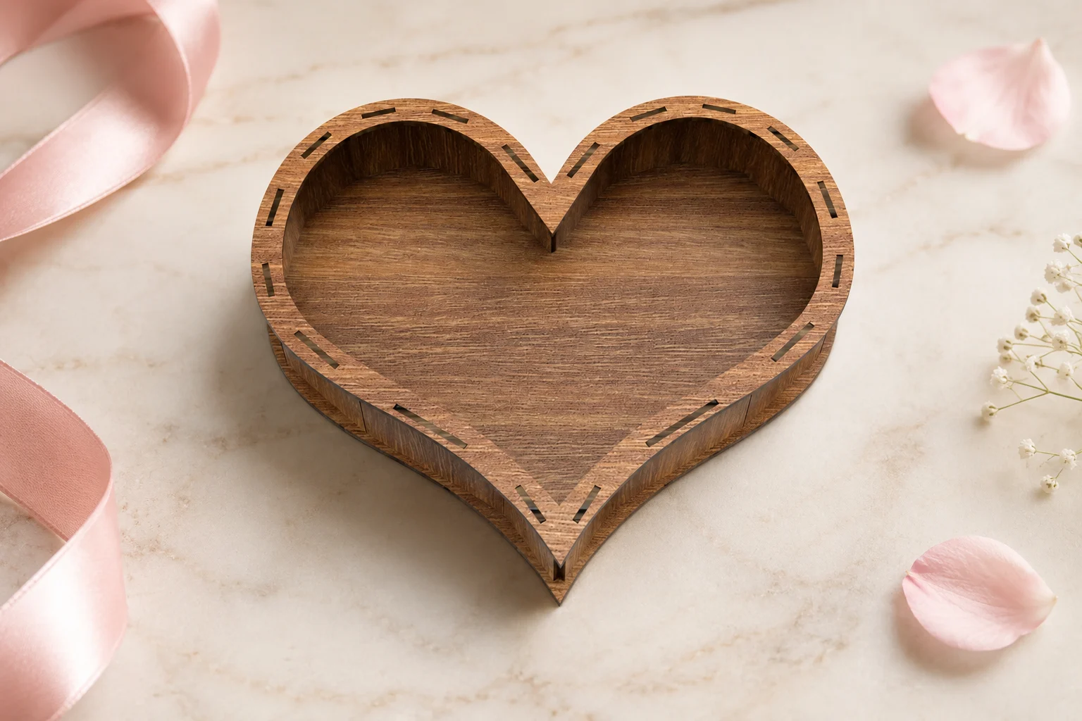 Top view of Sweetheart Box heart shaped wooden tray laser cut design with soft romantic styling and visible wood texture