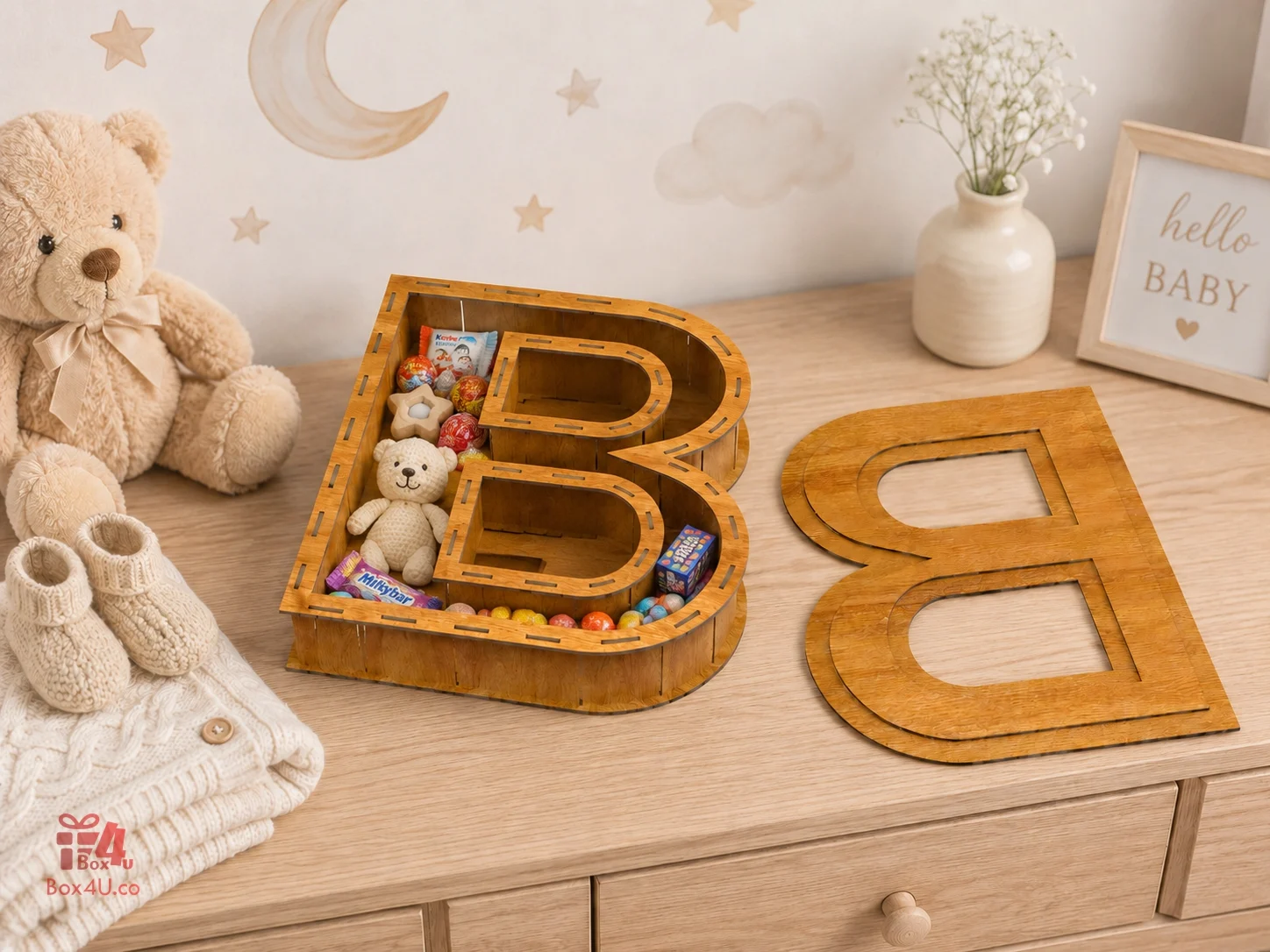3D wooden letter B box SVG laser cut file for baby shower and nursery decor, filled with colorful kids candy, toys and personalized baby gift items
