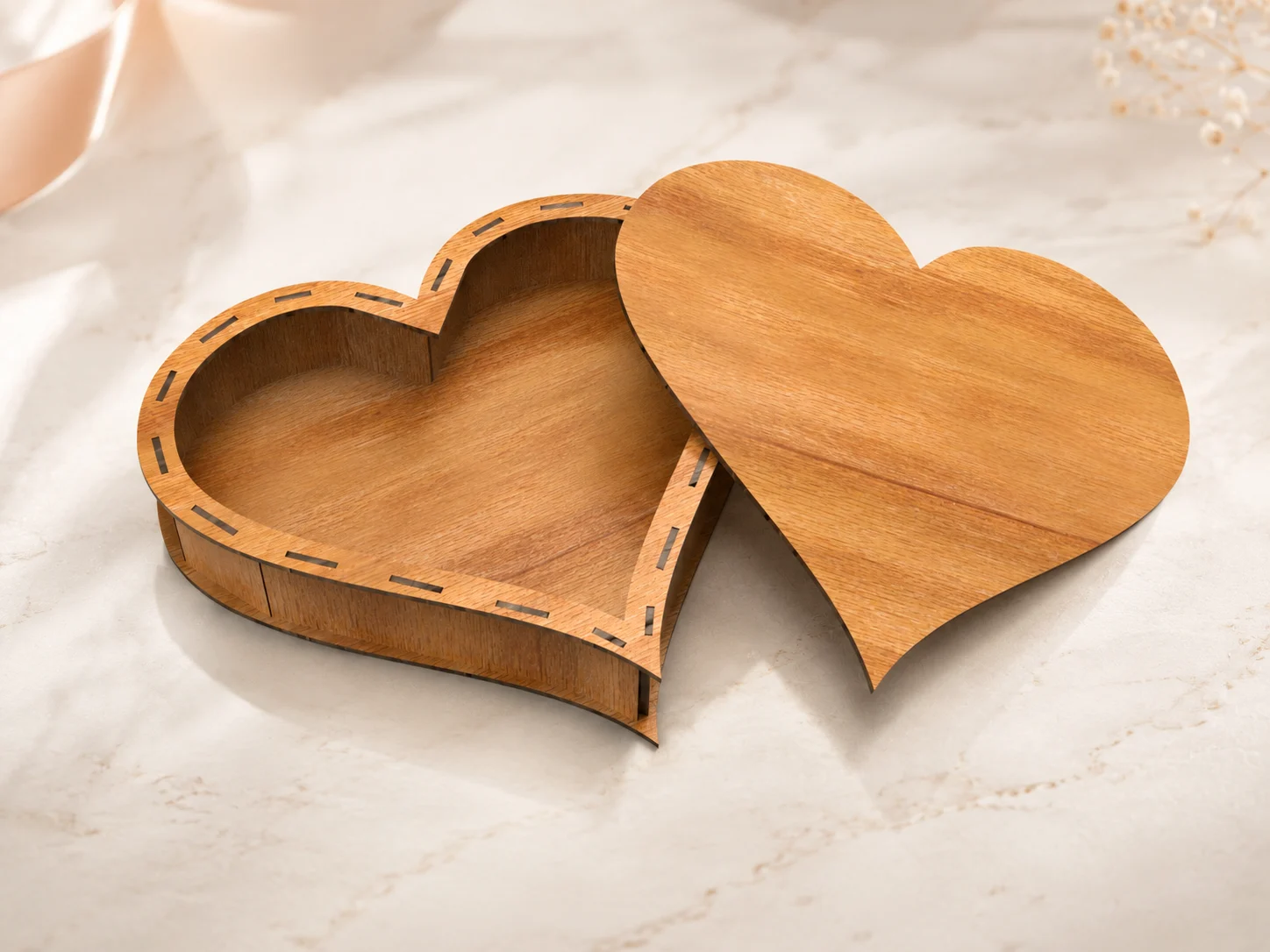 Classic wooden heart box laser cut design with matching lid, shown empty on a soft marble background for SVG DXF CDR digital download