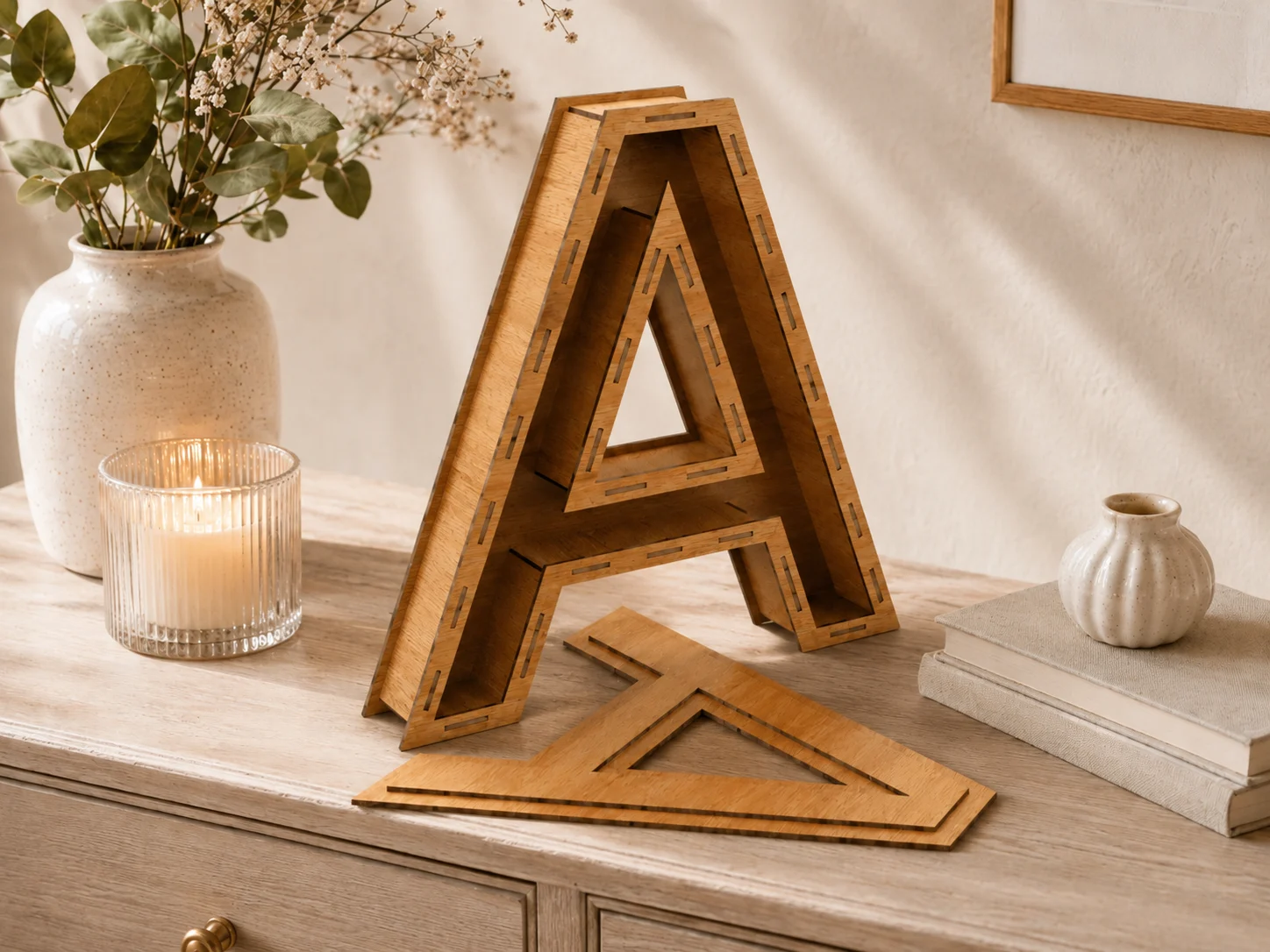 Light wood Letter A laser cut box displayed on a cozy home console table with candle, vase, books, and removable lid
