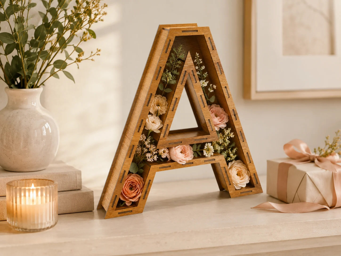Light wood Letter A fillable flower box with soft floral arrangement, gift decor, candle, and ribbon, SVG DXF CDR laser cut file