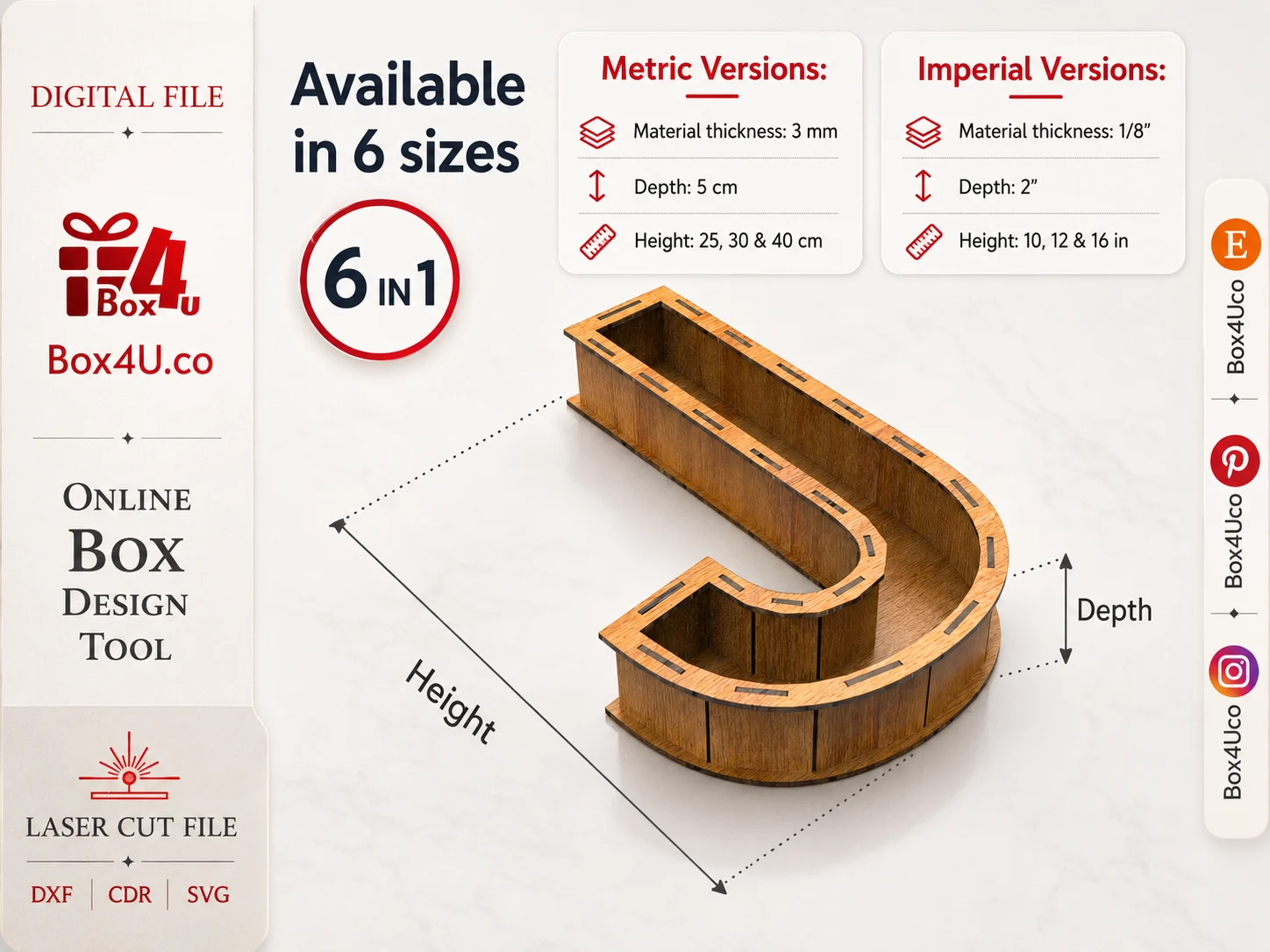 Letter J box laser cut file infographic showing digital download, 6 sizes, metric and imperial versions, 3mm and 1/8 inch wood thickness