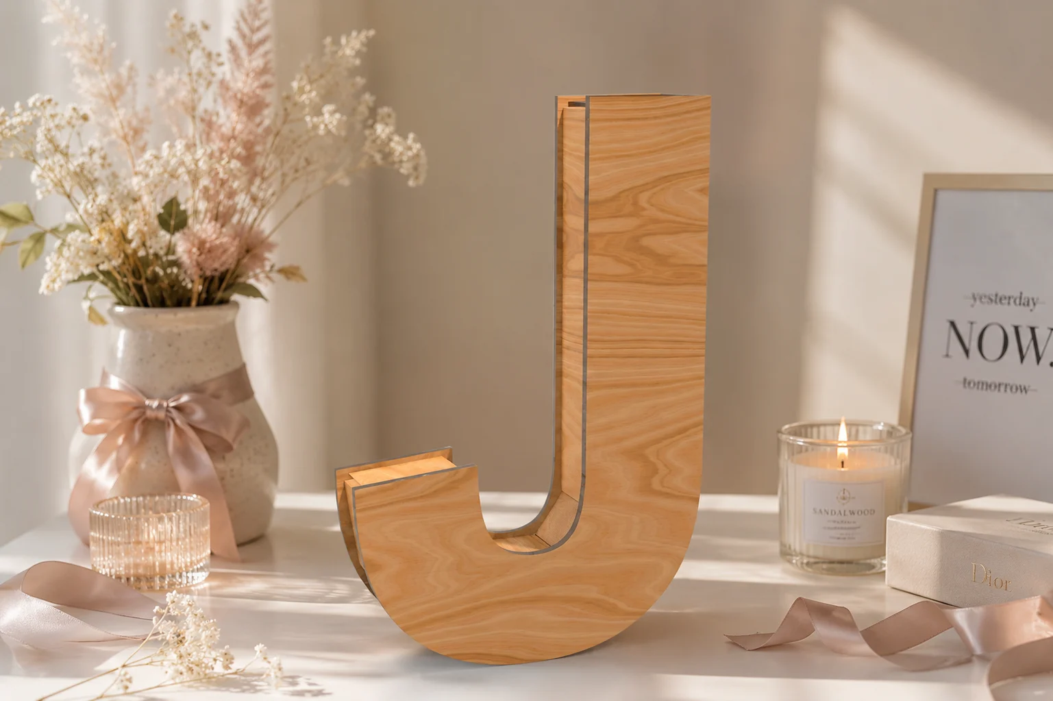Standing wooden Letter J box with removable lid on a soft neutral table decor, alphabet initial laser cut file digital download