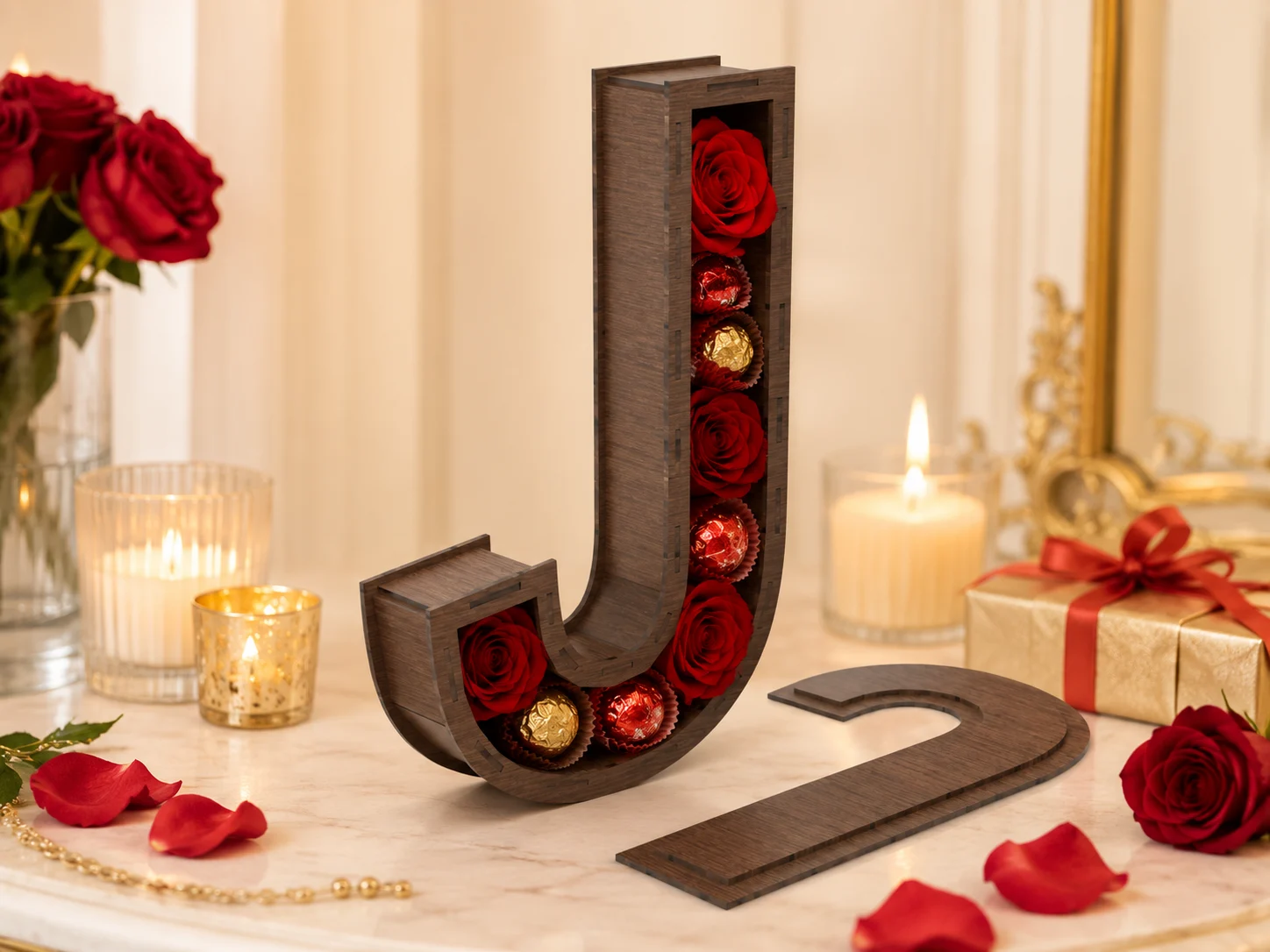 Dark wood Letter J fillable box decorated with red roses, chocolates, candles, and romantic gift decor, Valentine initial box laser cut file