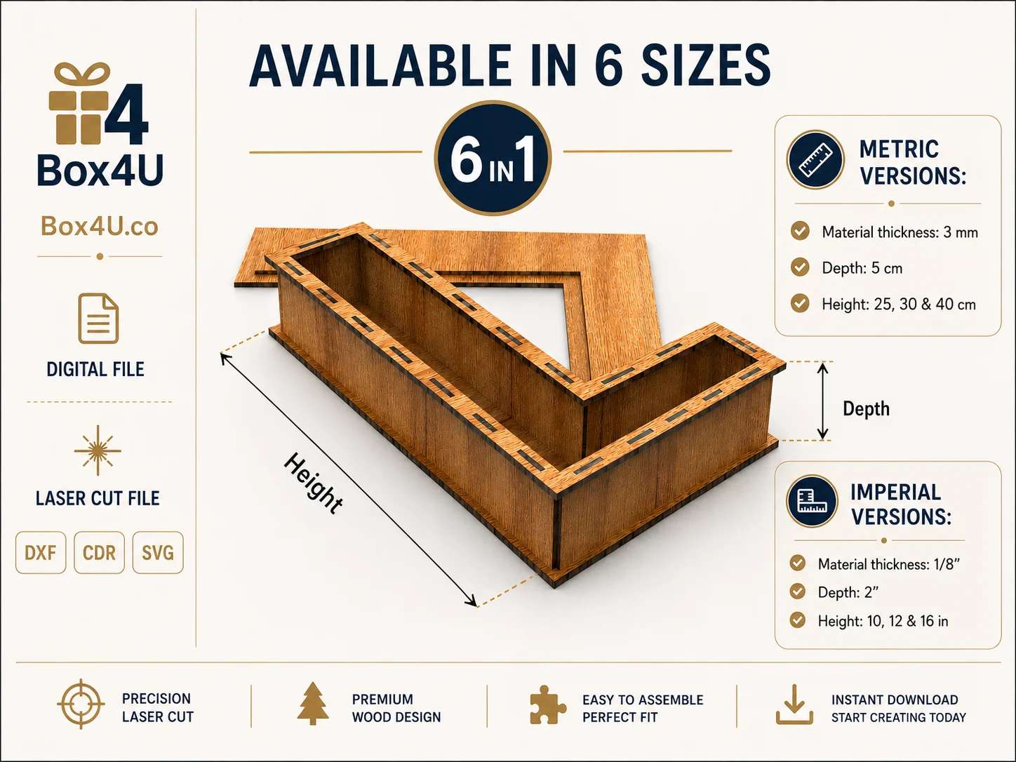 Infographic of letter L laser cut box digital file showing 6 sizes, 3mm and 1/8 inch material options, depth, height, and SVG DXF CDR formats