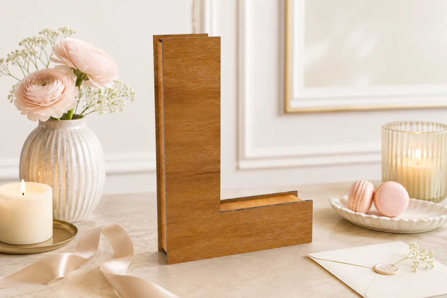Letter L wooden gift box laser cut file displayed in an elegant lifestyle setting with candles and floral decor for a premium handmade gift idea