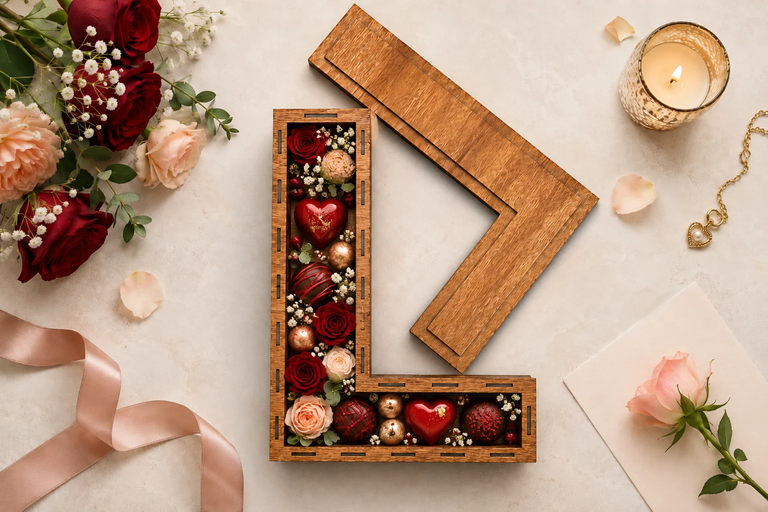 Top view of a wooden letter L box with separate lid, filled with flowers and gift items, showing the laser cut alphabet box design clearly
