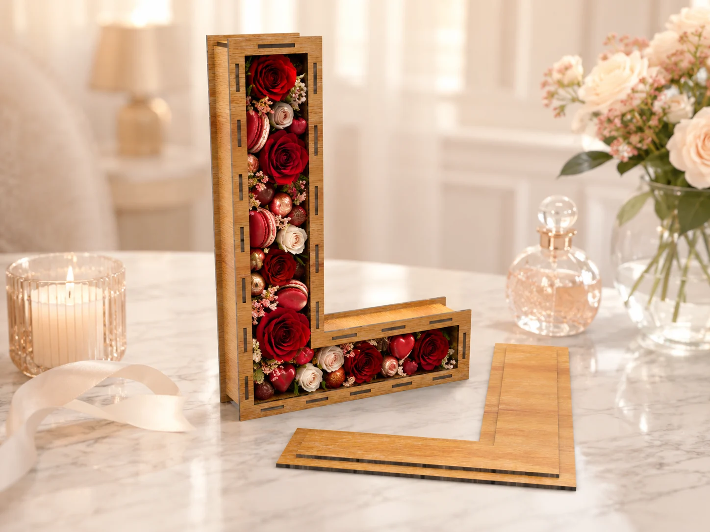 Open wooden letter L box with detached lid, showing laser cut construction and gift box format for floral arrangement and handmade decor use