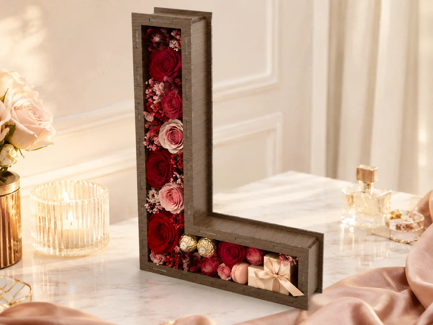 Dark wood letter L box laser cut digital file presented as a premium handmade floral and chocolate gift box with elegant romantic styling