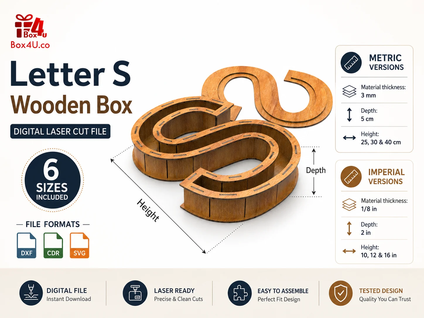 Letter S wooden box laser cut file infographic showing digital download, SVG DXF CDR formats, 6 included sizes, metric and imperial versions