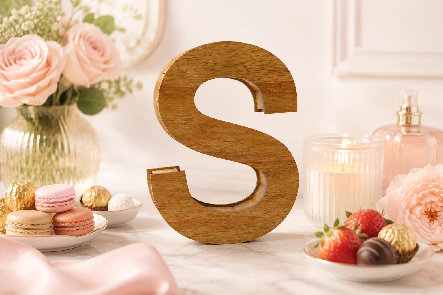 Standing wooden Letter S box with removable lid displayed on a bright luxury table with flowers, macarons, strawberries, candles, and soft pastel decor
