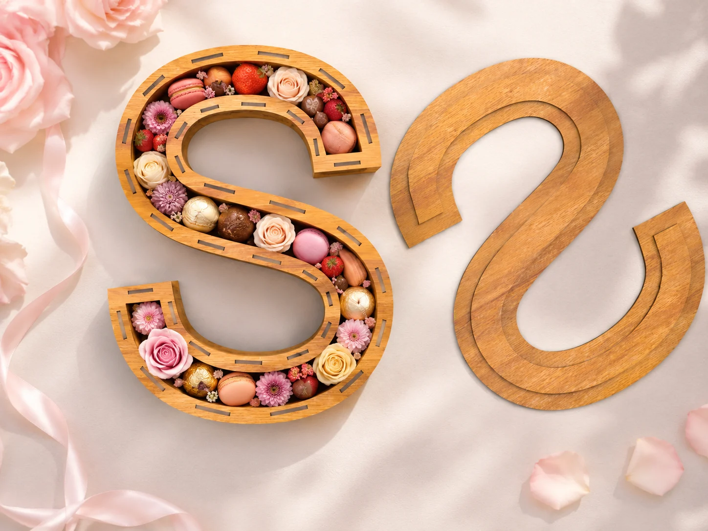 Top view of fillable Letter S wooden box with separate lid, decorated with flowers, macarons, chocolates, strawberries, and soft romantic gift styling