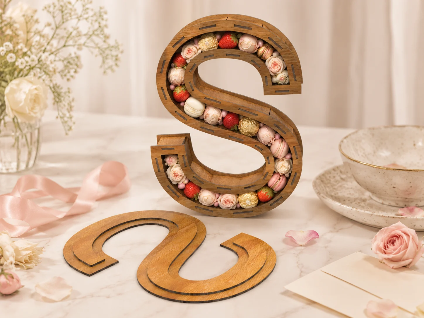 Wooden Letter S fillable box displayed with removable lid, filled only inside the usable channel with flowers, sweets, chocolates, and elegant gift decor