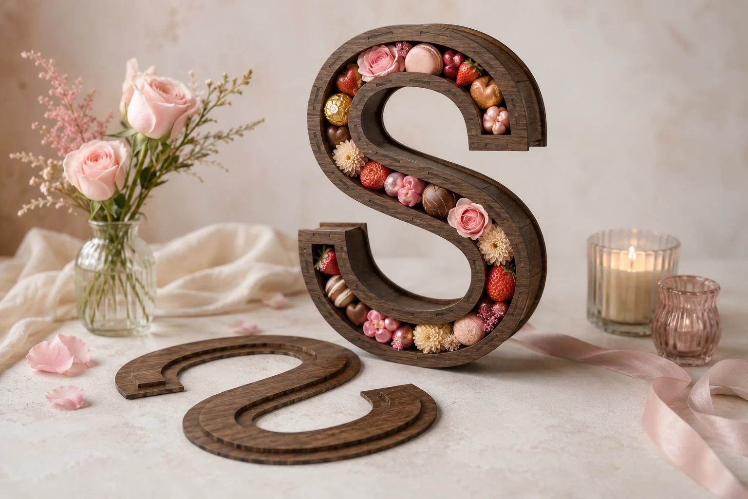 Dark wood Letter S fillable box with separate lid, decorated with pink roses, chocolates, strawberries, macarons, ribbon, and luxury romantic table styling