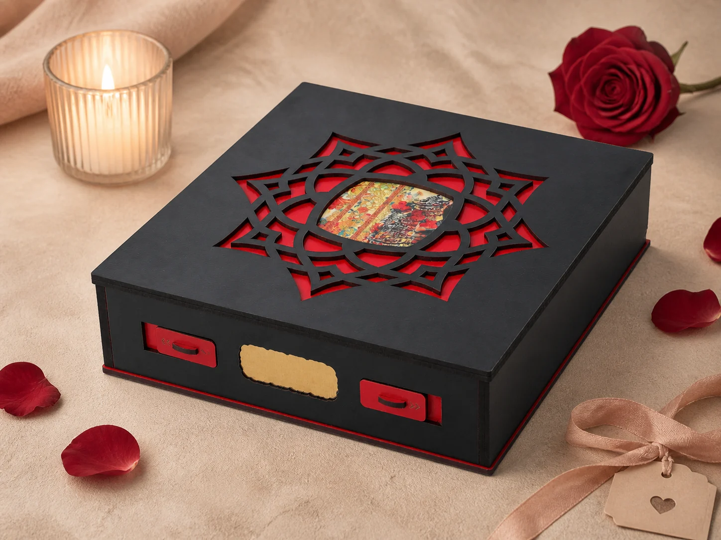 Black and red decorative laser cut gift box with romantic minimal styling, candlelight, rose petals, and elegant handmade box presentation