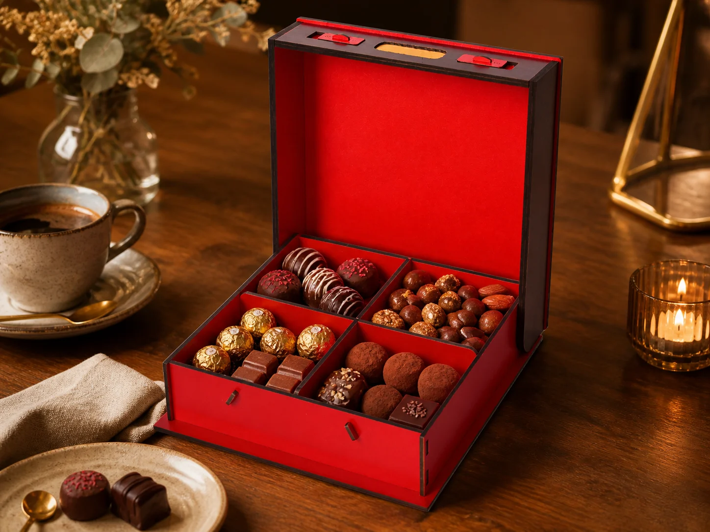 Open red and black wooden laser cut chocolate box filled with truffles, wrapped chocolates, nuts, and premium treats in a warm gift-ready setting