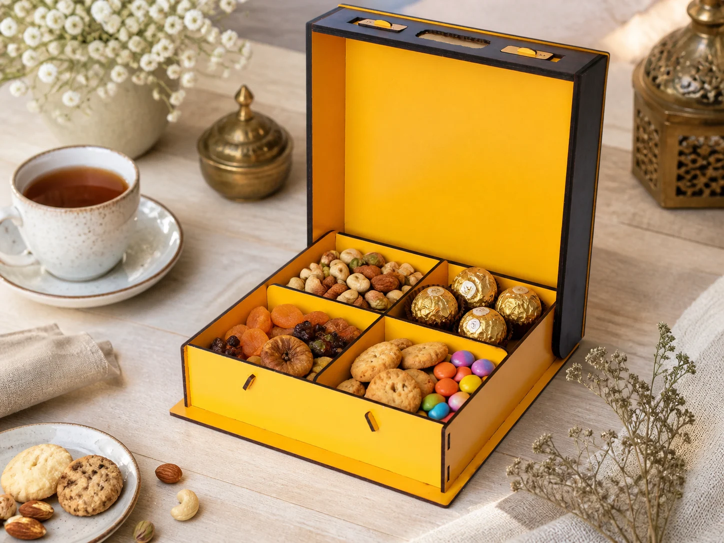 Open yellow wooden laser cut treat box filled with snacks, nuts, dried fruits, cookies, chocolates, and candies for handmade gift packaging inspiration