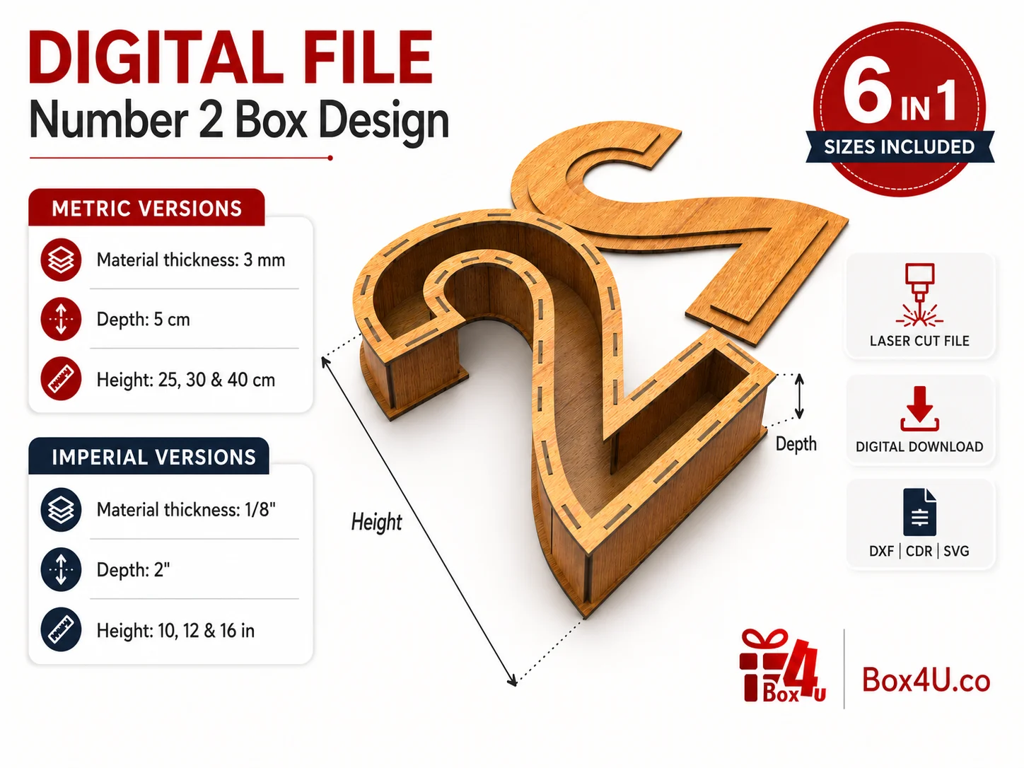 Digital file infographic for number 2 box laser cut design showing 6 included sizes, metric and imperial ve