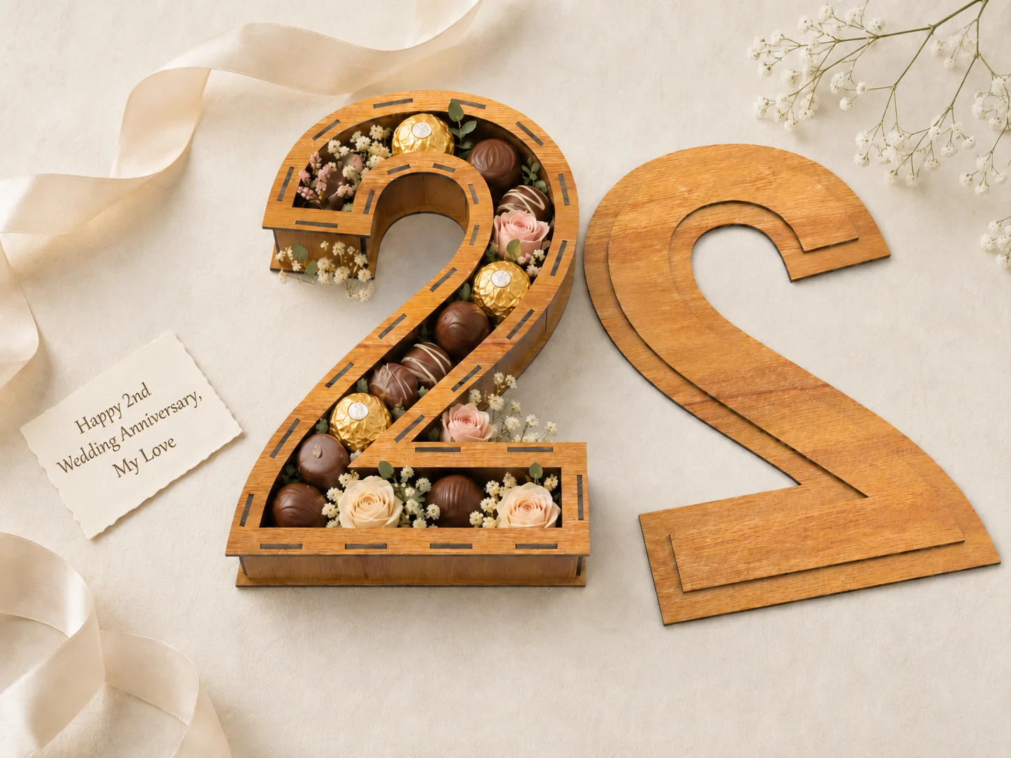 Number 2 wooden box laser cut design with removable lid, filled with chocolates and flowers, styled for a second wedding anniversary gift