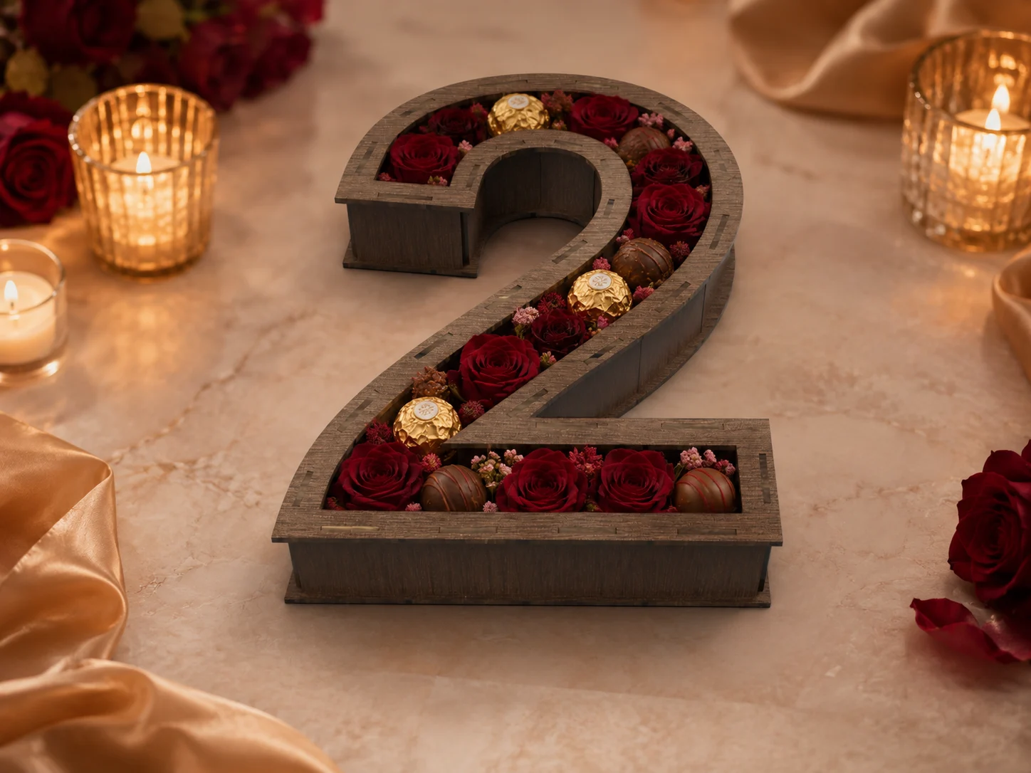Dark wood number 2 anniversary box filled with red roses and luxury chocolates, romantic laser cut gift box design for second anniversary