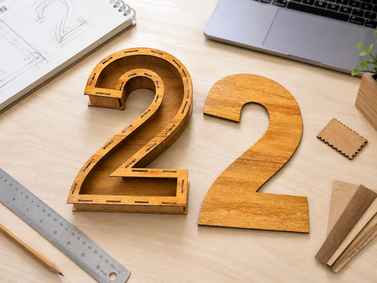 Laser cut wooden number 2 box and matching lid on a maker workspace with ruler, pencil and design sketch, digital file for DIY box making