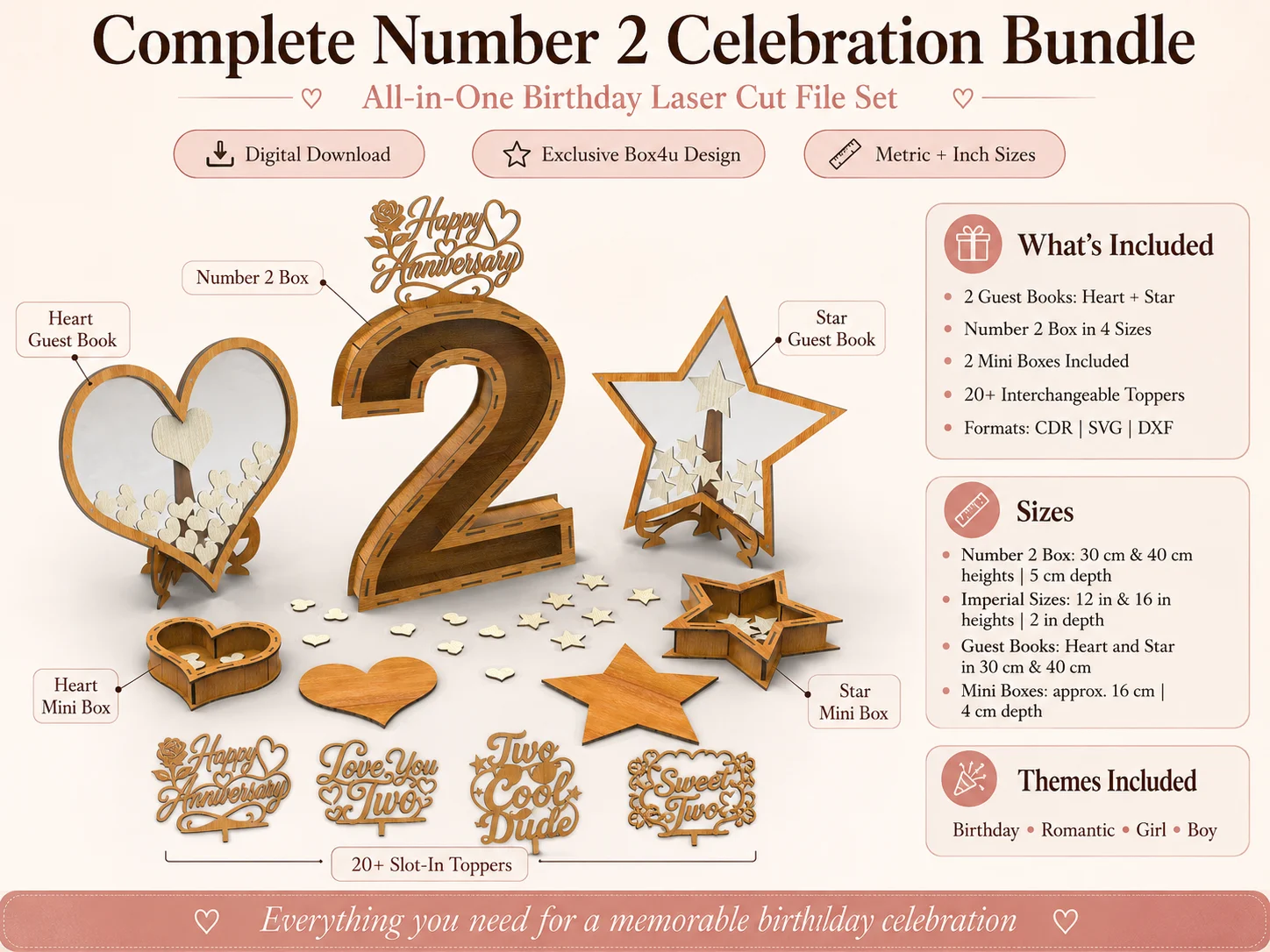 Number 2 celebration bundle infographic with wooden birthday box, heart and star guest books, mini boxes, topper set, size details, and laser cut file formats