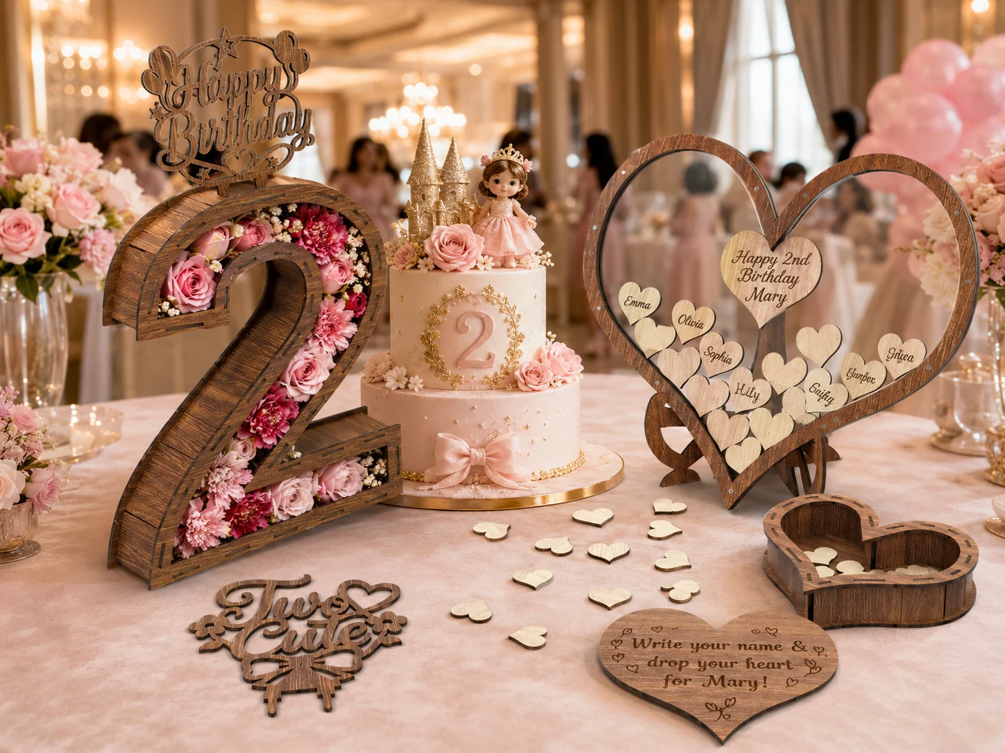 Wooden Number 2 birthday box filled with flowers, transparent heart guest book, mini heart box, and pink cake for a luxury second birthday party for Mary