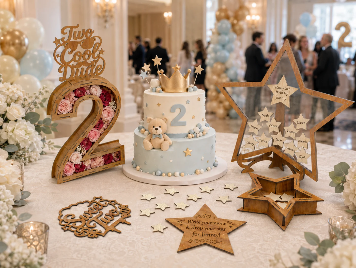 Wooden Number 2 birthday box with flowers, transparent star guest book, mini star box, boy birthday cake, and star tokens for Jimmy’s second birthday party