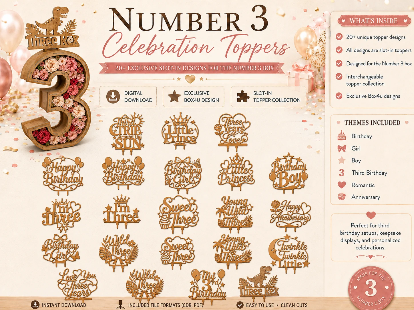 Number 3 celebration topper bundle infographic featuring 20 plus slot-in laser cut topper designs for third birthday, girl, boy, romantic, anniversary, and party themes