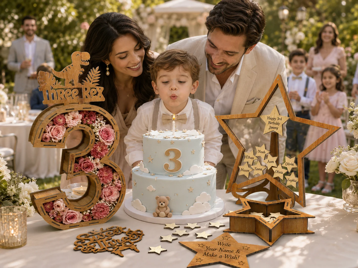 Luxury 3rd birthday party setup for Jimmy with wooden number 3 flower box, star guest book, mini star box, birthday cake, loose stars, and custom laser cut toppers