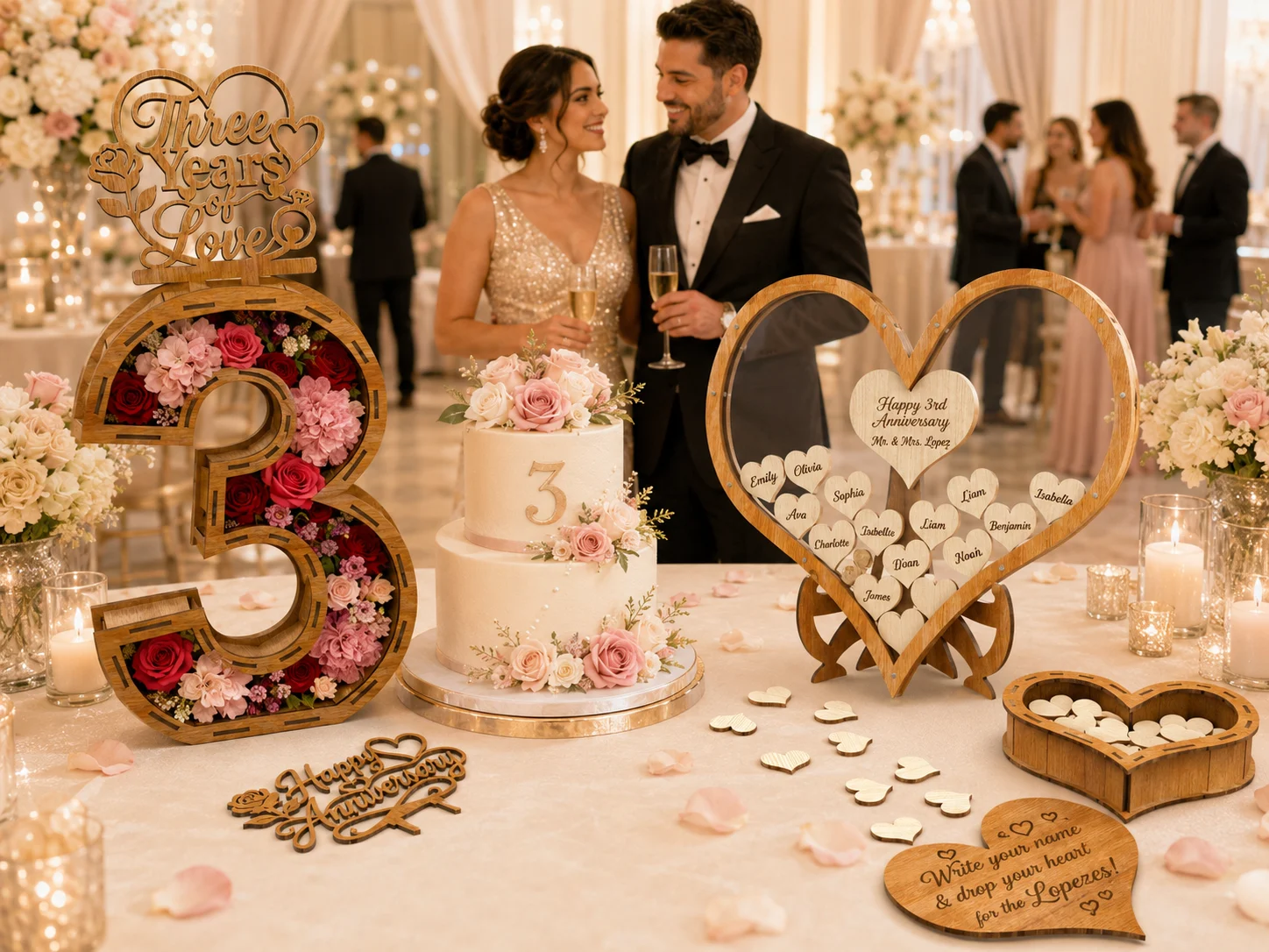 Romantic number 3 anniversary laser cut file set with wooden flower box, heart and star guest book elements, mini boxes, and decorative toppers for 3 years of love celebration