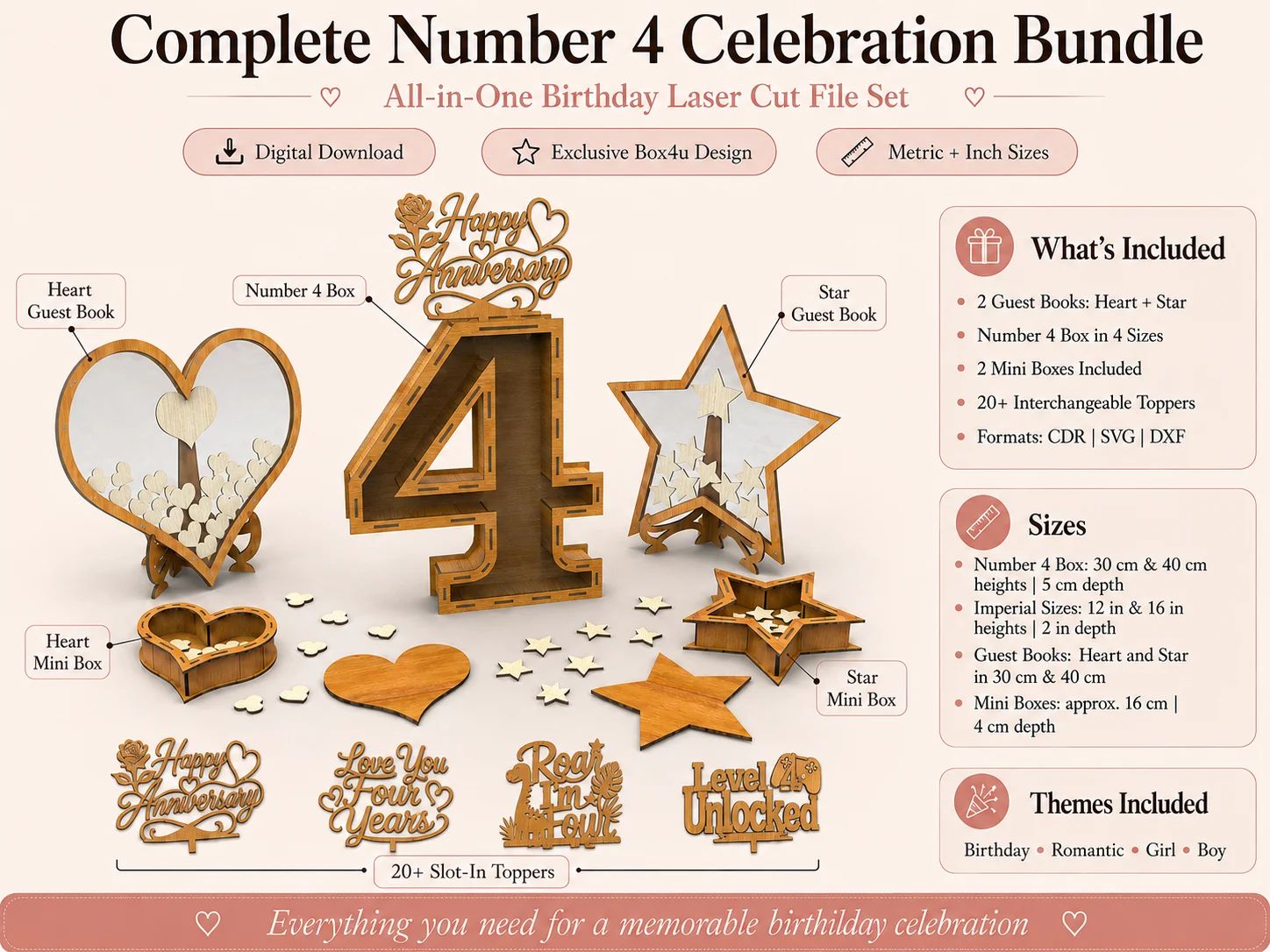 Complete Number 4 celebration bundle infographic showing laser cut digital files for number 4 box, heart and star guest books, mini boxes, loose pieces, and interchangeable toppers