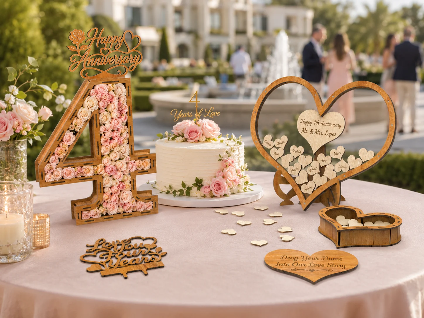 Romantic 4th wedding anniversary setup with wooden number 4 flower box, heart guest book, heart mini box, engraved hearts, and laser cut anniversary topper