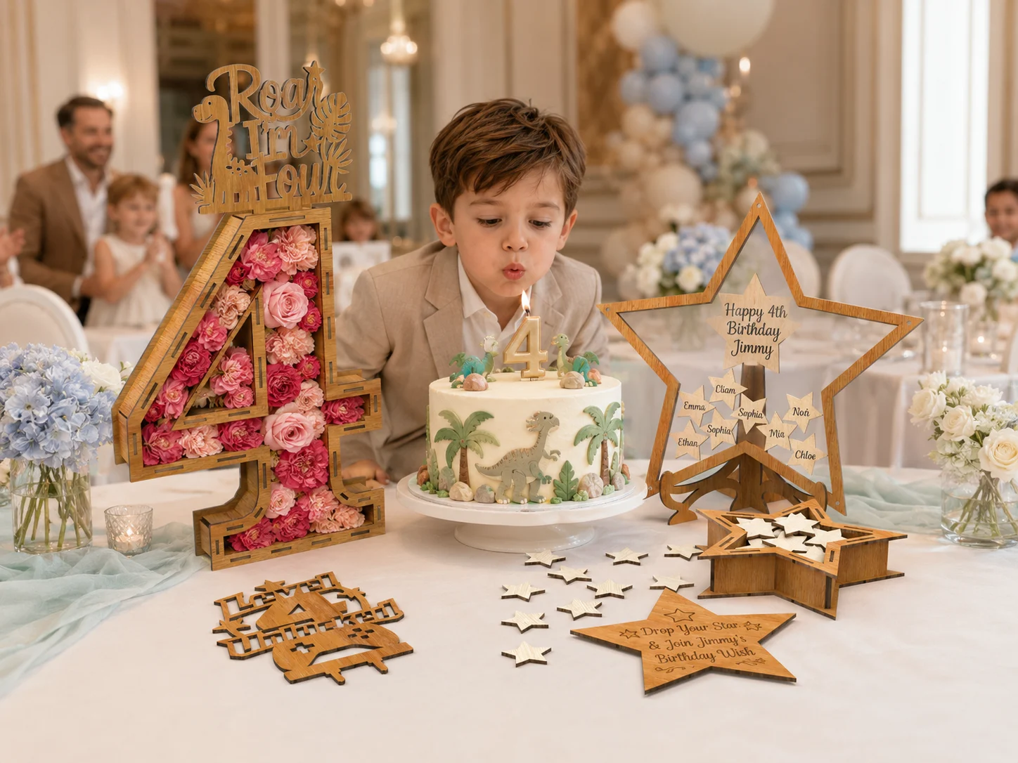 Luxury 4th birthday party setup for Jimmy with wooden number 4 flower box, star guest book, mini star box, birthday cake, loose stars, and laser cut toppers