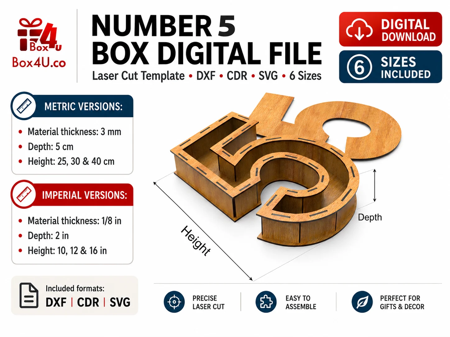 Number 5 box digital file infographic showing 6 included sizes, metric and imperial versions, DXF CDR SVG formats and laser cut details