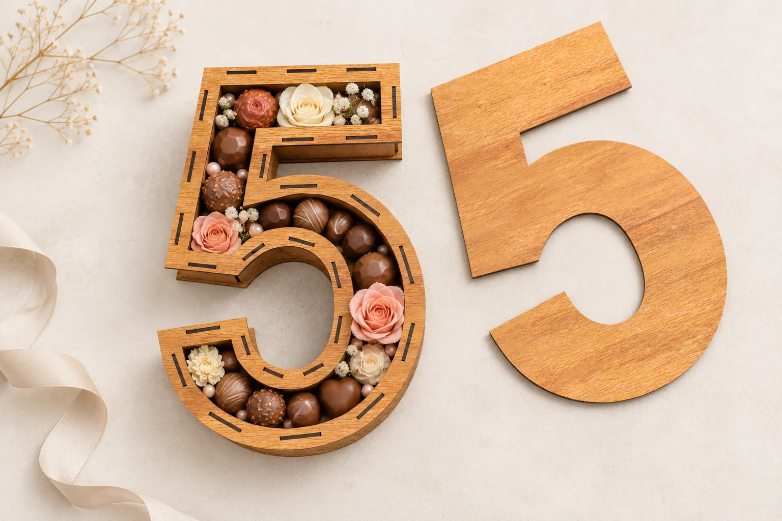 Number 5 box laser cut design with removable lid, filled with chocolates and flowers, styled as an elegant candy and flower gift box