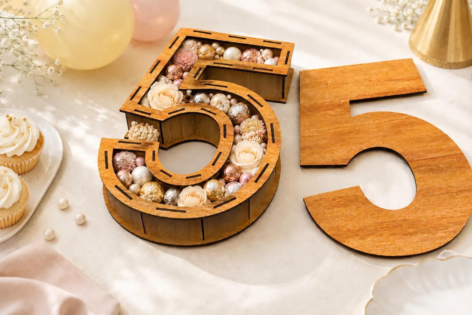 Number 5 birthday box filled with pastel candies, chocolates and flowers, styled as elegant 5th birthday party decor with removable lid