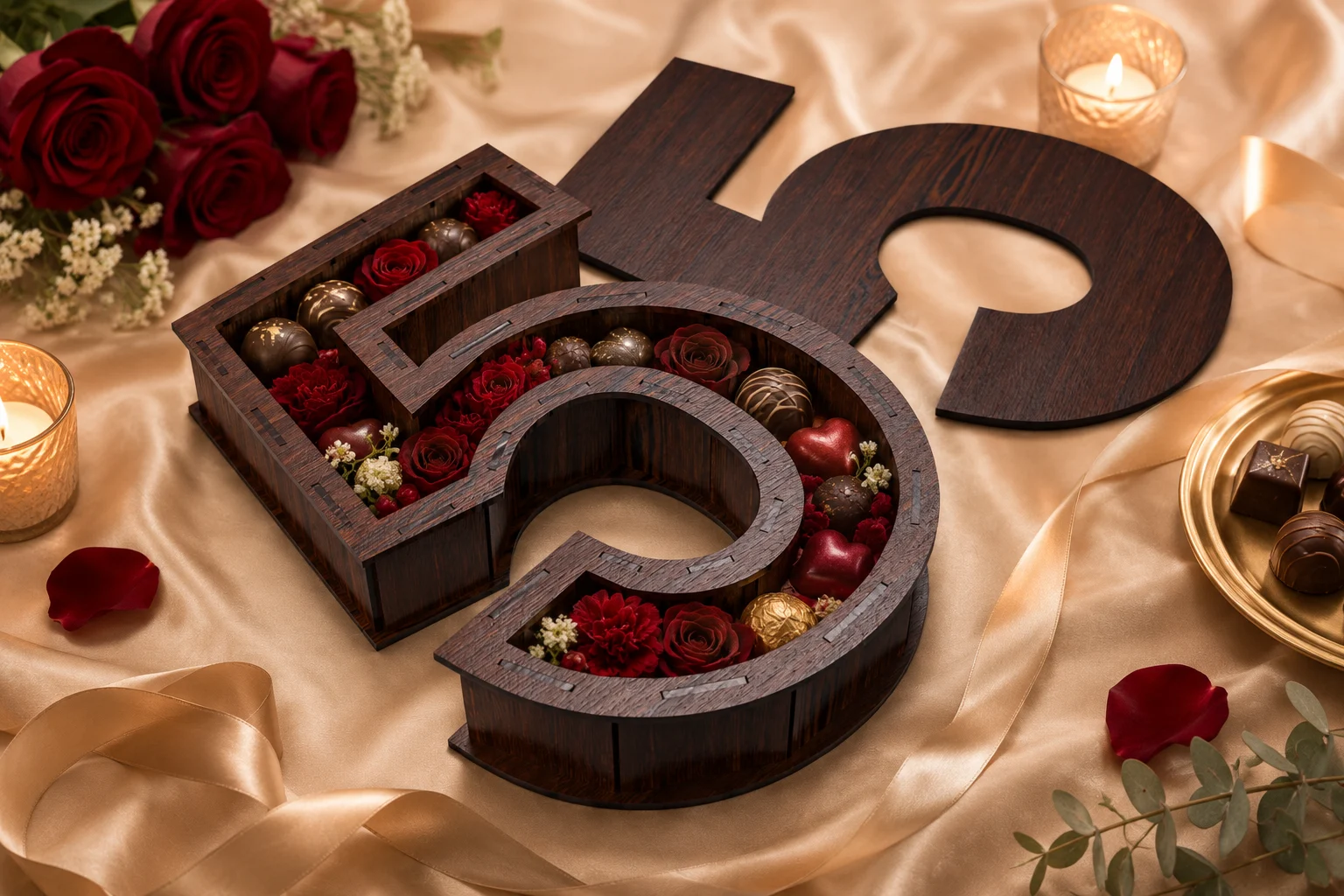 Dark number 5 anniversary gift box filled with red roses and luxury chocolates, styled for a romantic fifth anniversary celebration